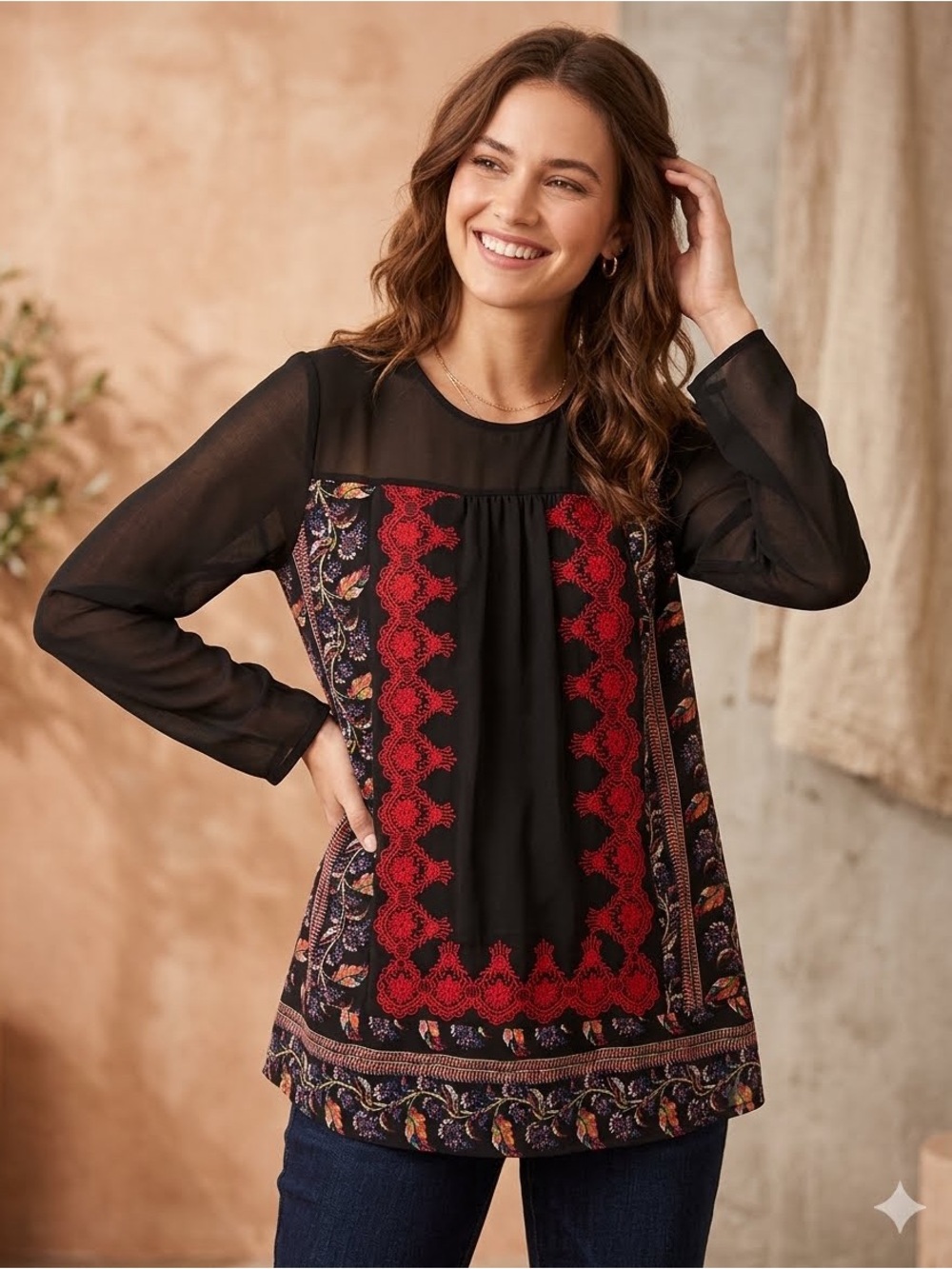 NWOT Entro Black & Red Embroidered Boho Tunic Dress - Small